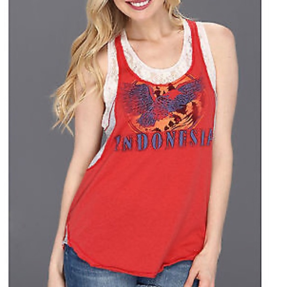 Free People We the Free Indonesia layered red top w/lace & stripes / XS / EUC